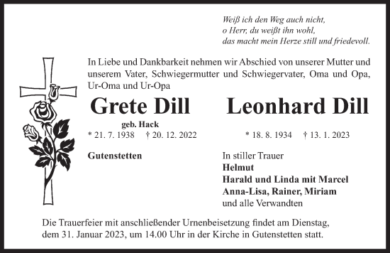 Traueranzeige von Grete Dill von Neustadt/ Scheinfeld/ Uffenheim