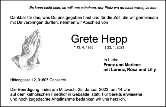 Traueranzeige von Grete Hepp von Rothenburg