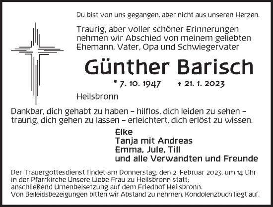 Traueranzeige von Günther Barisch von Ansbach