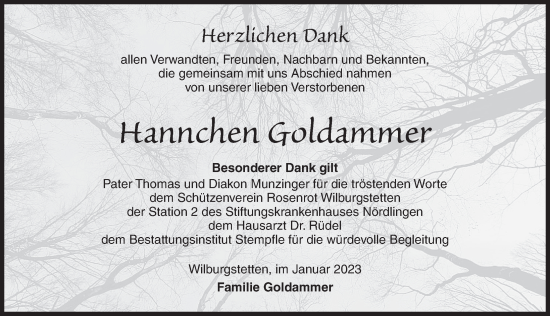 Traueranzeige von Hannchen Goldammer von Dinkelsbühl/ Feuchtwangen