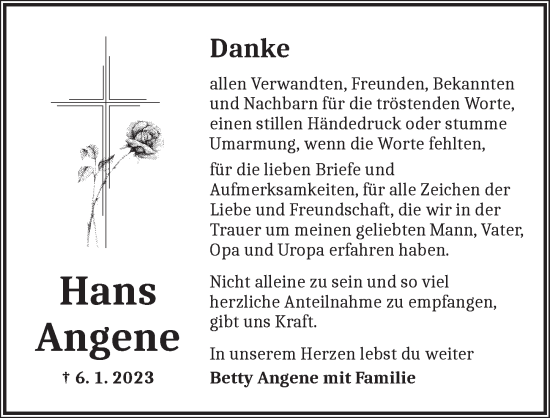 Traueranzeige von Hans Angene von Ansbach