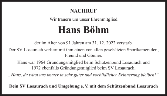 Traueranzeige von Hans Böhm von Neustadt/ Scheinfeld/ Uffenheim