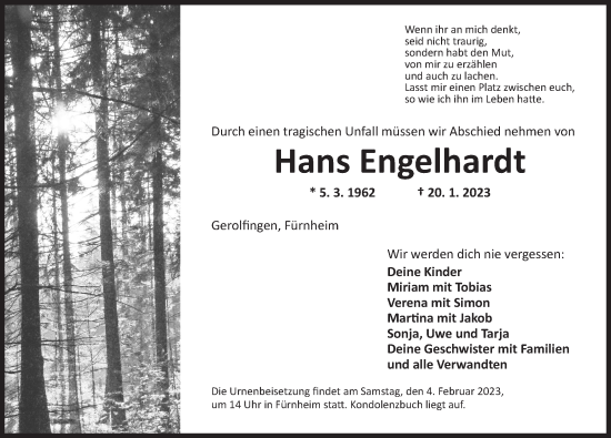 Traueranzeige von Hans Engelhardt von Dinkelsbühl/ Feuchtwangen