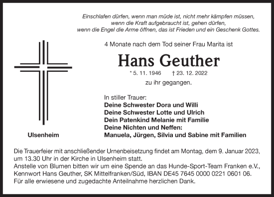 Traueranzeige von Hans Geuther von Neustadt/ Scheinfeld/ Uffenheim