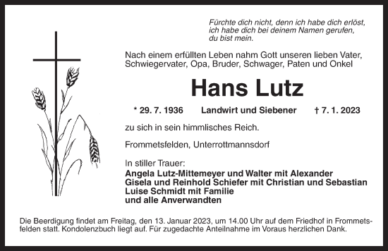 Traueranzeige von Hans Lutz von Ansbach