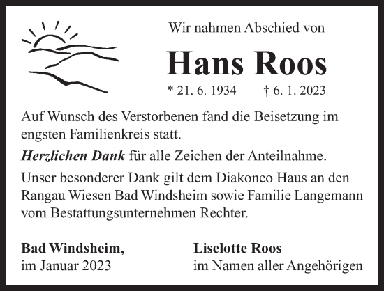 Traueranzeige von Hans Roos von Neustadt/ Scheinfeld/ Uffenheim