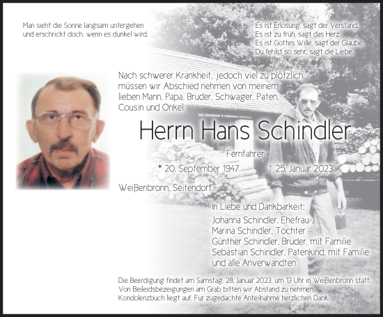 Traueranzeige von Hans Schindler von Ansbach