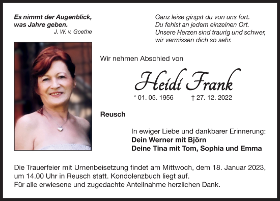 Traueranzeige von Heidi Frank von Neustadt/ Scheinfeld/ Uffenheim