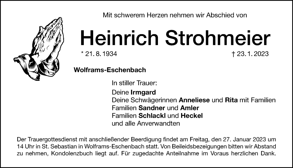  Traueranzeige für Heinrich Strohmeier vom 25.01.2023 aus Ansbach