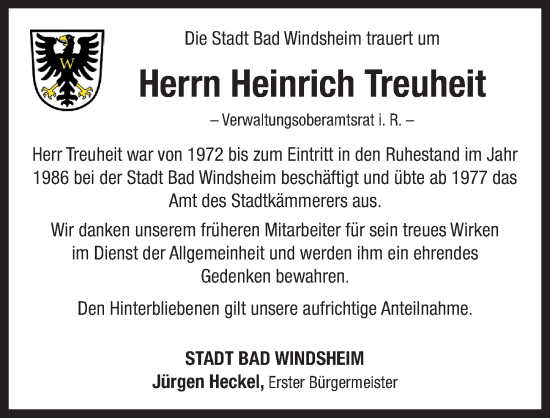 Traueranzeige von Heinrich Treuheit von Neustadt/ Scheinfeld/ Uffenheim