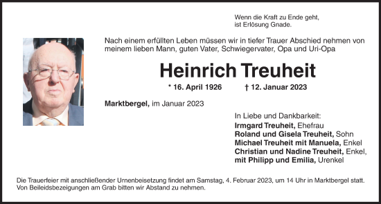 Traueranzeige von Heinrich Treuheit von Neustadt/ Scheinfeld/ Uffenheim