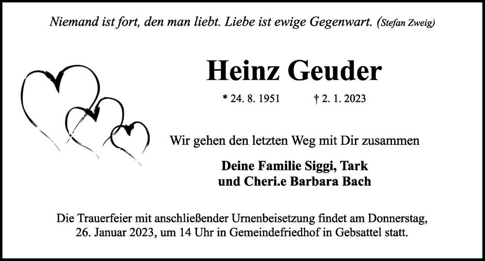  Traueranzeige für Heinz Geuder vom 24.01.2023 aus Rothenburg