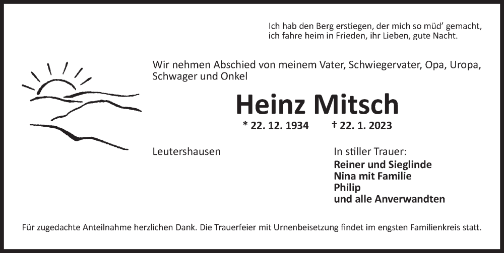  Traueranzeige für Heinz Mitsch vom 25.01.2023 aus Ansbach