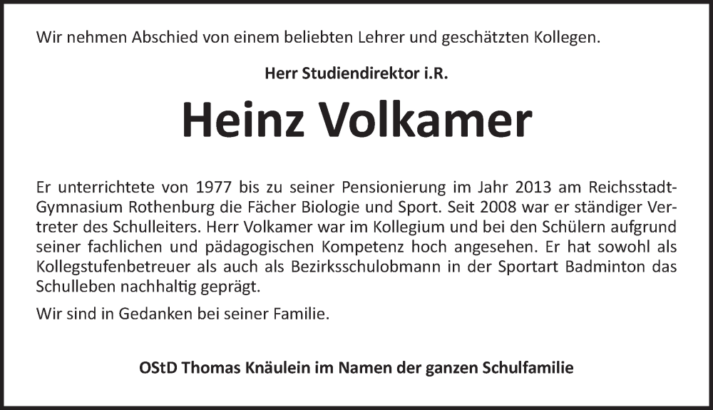  Traueranzeige für Heinz Volkamer vom 14.01.2023 aus Rothenburg