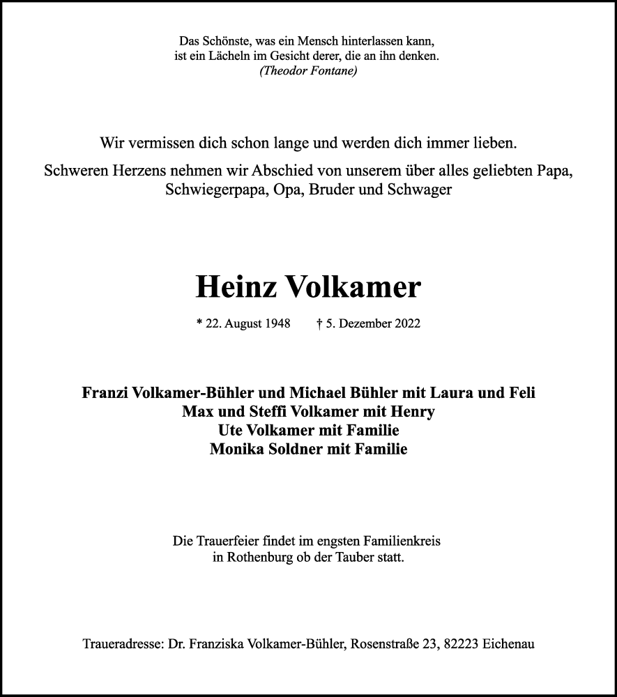  Traueranzeige für Heinz Volkamer vom 12.01.2023 aus Rothenburg