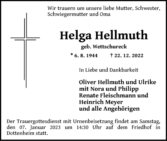 Traueranzeige von Helga Hellmuth von Ansbach