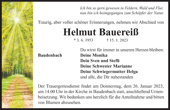 Traueranzeige von Helmut Bauereiß von Neustadt/ Scheinfeld/ Uffenheim