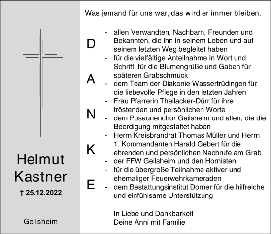 Traueranzeige von Helmut Kastner von Dinkelsbühl/ Feuchtwangen