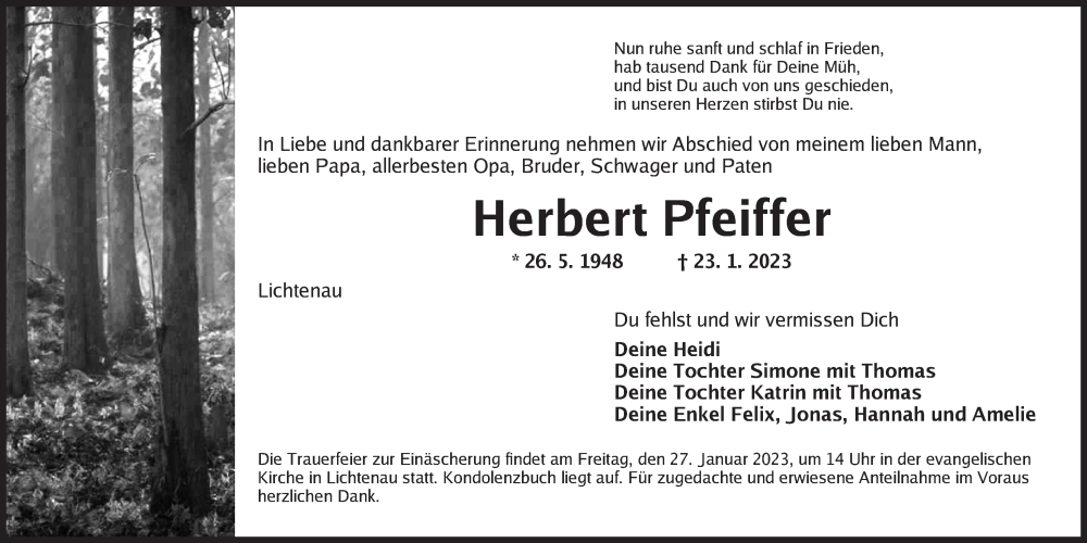  Traueranzeige für Herbert Pfeiffer vom 25.01.2023 aus Ansbach