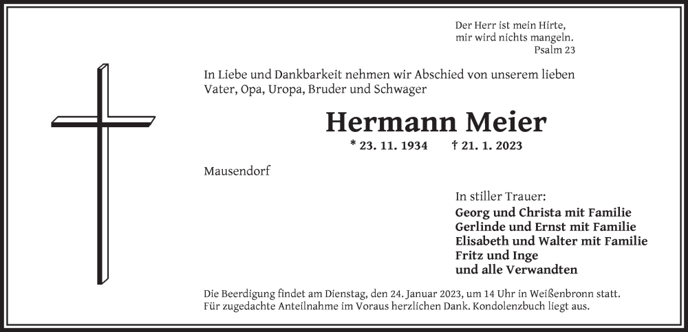  Traueranzeige für Hermann Meier vom 23.01.2023 aus Ansbach