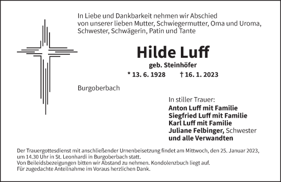 Traueranzeige von Hilde Luff von Ansbach