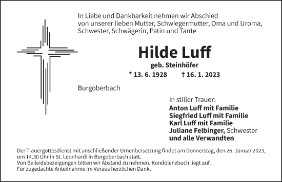 Traueranzeige von Hilde Luff von Ansbach