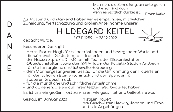 Traueranzeige von Hildegard Keitel von Rothenburg