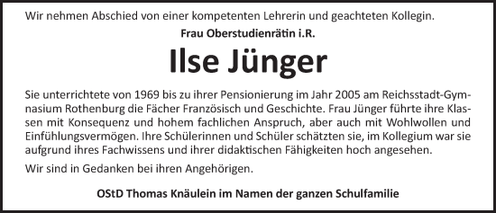Traueranzeige von Ilse Jünger von Rothenburg