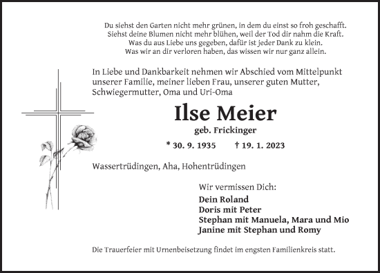 Traueranzeige von Ilse Meier von Dinkelsbühl/ Feuchtwangen