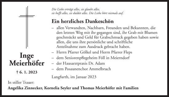 Traueranzeige von Inge Meierhöfer von Dinkelsbühl/ Feuchtwangen