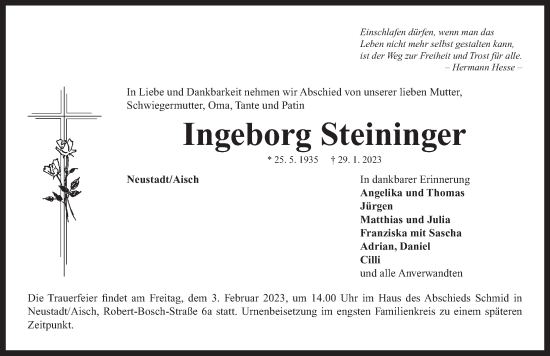 Traueranzeige von Ingeborg Steininger von Neustadt/ Scheinfeld/ Uffenheim