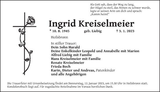 Traueranzeige von Ingrid Kreiselmeier von Ansbach