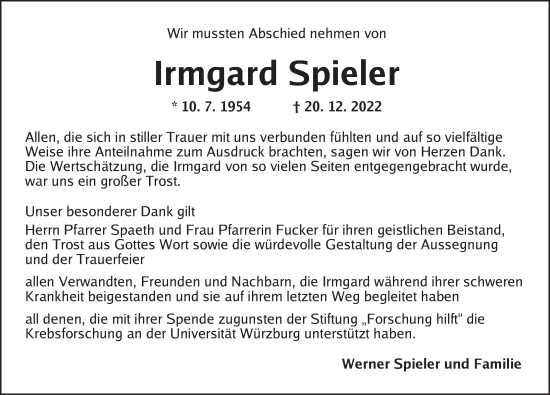 Traueranzeige von Irmgard Spieler von Neustadt/ Scheinfeld/ Uffenheim