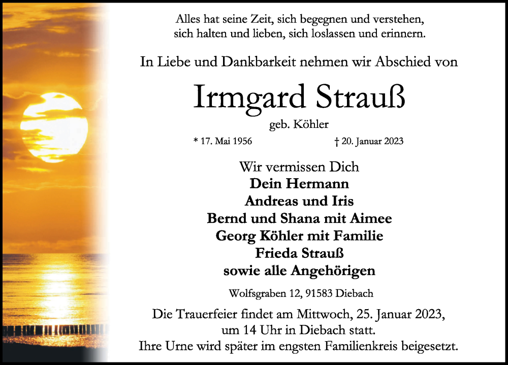  Traueranzeige für Irmgard Strauß vom 23.01.2023 aus Rothenburg