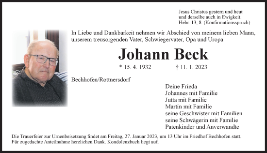 Traueranzeige von Johann Beck von Dinkelsbühl/ Feuchtwangen