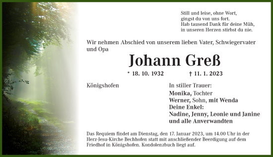 Traueranzeige von Johann Greß von Dinkelsbühl/ Feuchtwangen