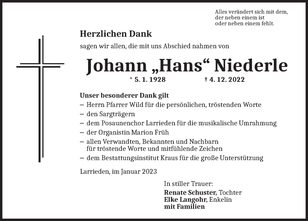  Traueranzeige für Johann Niederle vom 16.01.2023 aus Dinkelsbühl/ Feuchtwangen