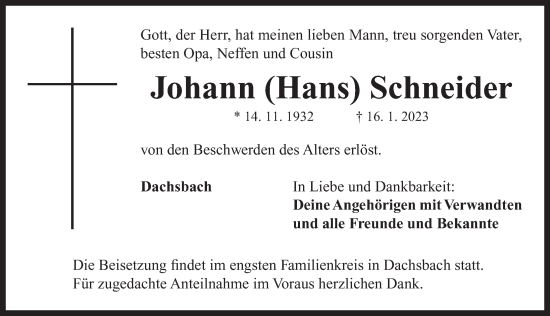 Traueranzeige von Johann Schneider von Neustadt/ Scheinfeld/ Uffenheim