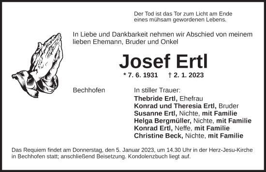 Traueranzeige von Josef Ertl von Dinkelsbühl/ Feuchtwangen