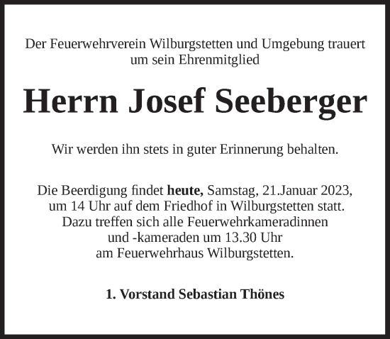 Traueranzeige von Josef Seeberger von Dinkelsbühl/ Feuchtwangen