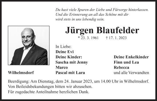 Traueranzeige von Jürgen Blaufelder von Neustadt/ Scheinfeld/ Uffenheim