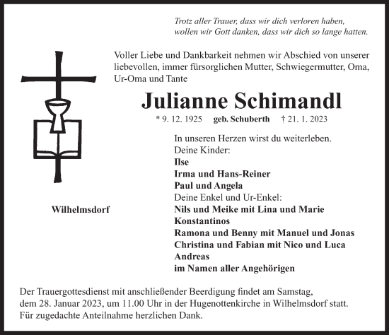 Traueranzeige von Julianne Schimandl von Neustadt/ Scheinfeld/ Uffenheim