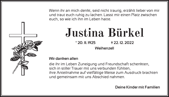 Traueranzeige von Justina Bürkel von Ansbach