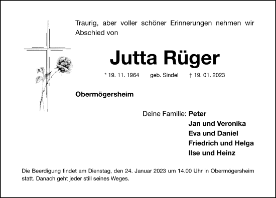 Traueranzeige von Jutta Rüger von Dinkelsbühl/ Feuchtwangen