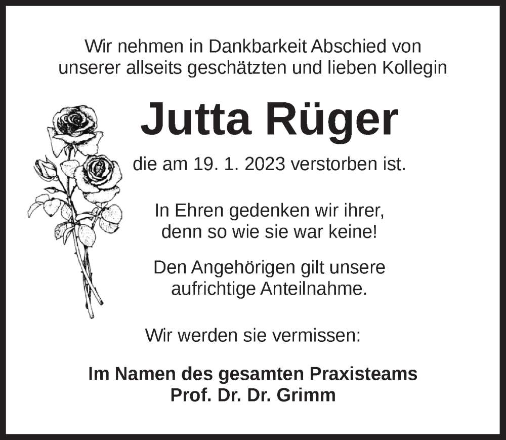  Traueranzeige für Jutta Rüger vom 23.01.2023 aus Dinkelsbühl/ Feuchtwangen