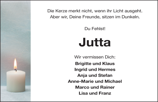 Traueranzeige von Jutta Rüger von Dinkelsbühl/ Feuchtwangen