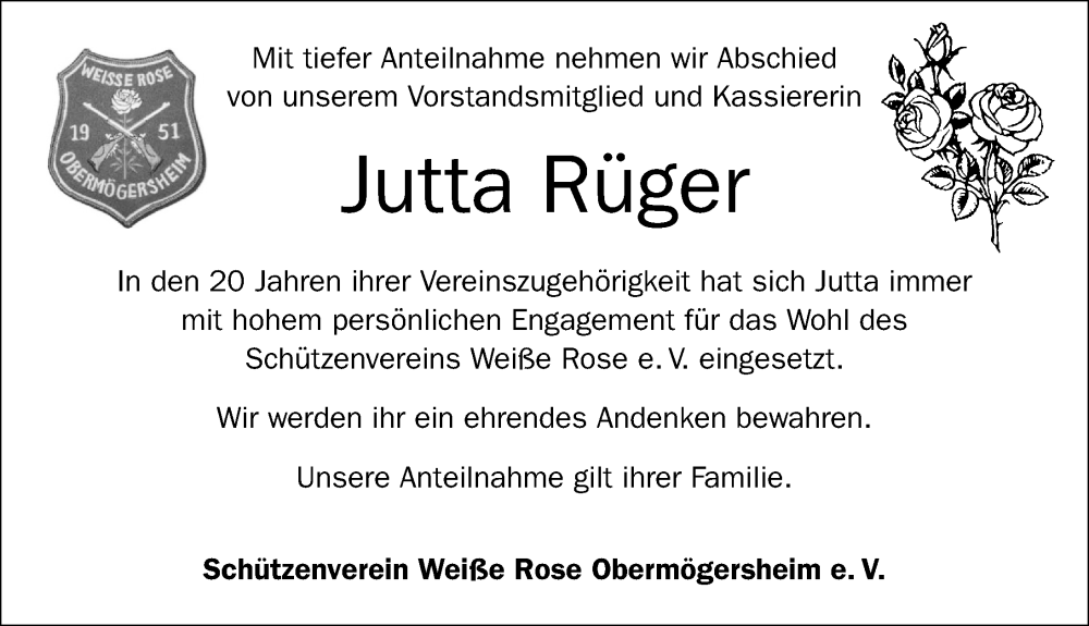  Traueranzeige für Jutta Rüger vom 21.01.2023 aus Dinkelsbühl/ Feuchtwangen