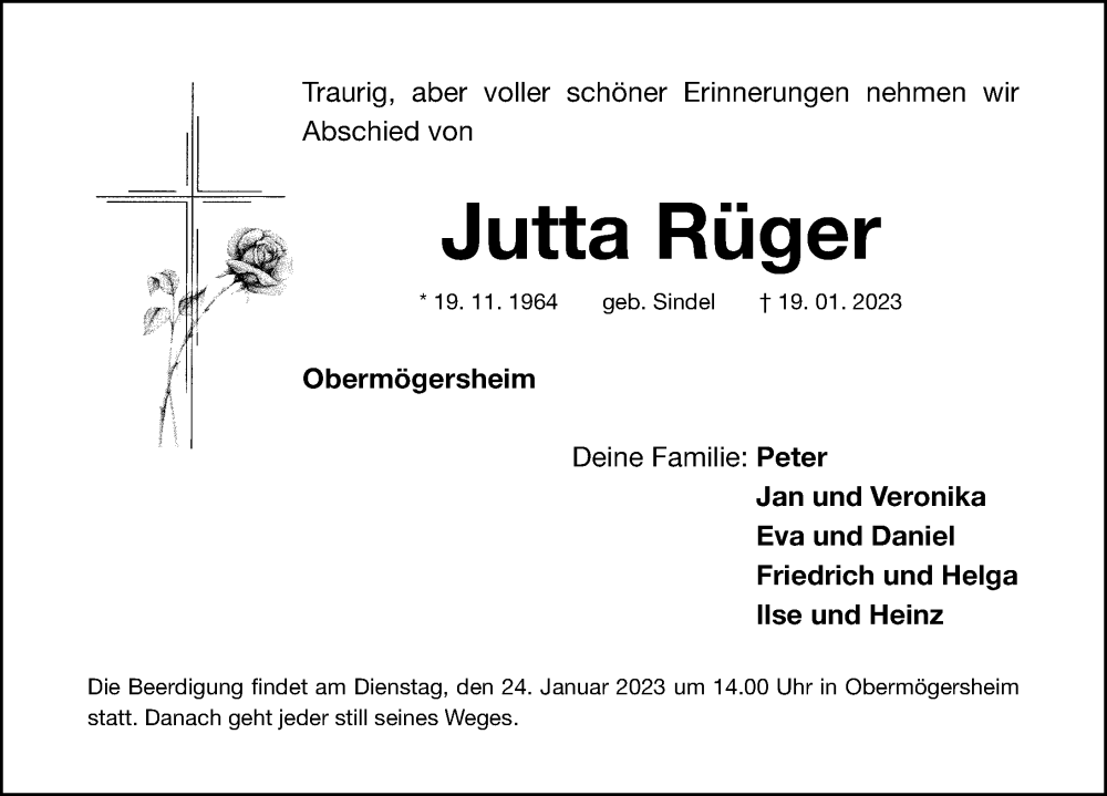  Traueranzeige für Jutta Rüger vom 21.01.2023 aus Dinkelsbühl/ Feuchtwangen