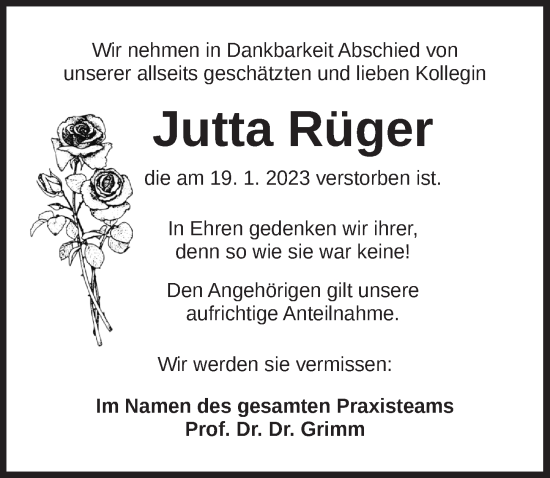 Traueranzeige von Jutta Rüger von Dinkelsbühl/ Feuchtwangen