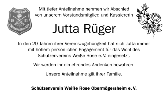 Traueranzeige von Jutta Rüger von Dinkelsbühl/ Feuchtwangen